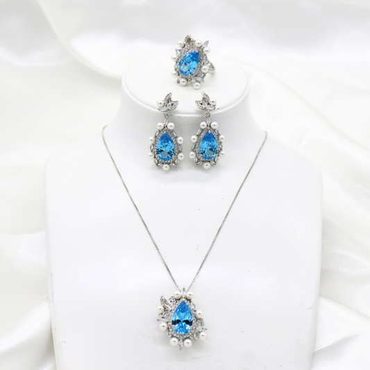 set plata 9.25 piedra aquamarina perlas