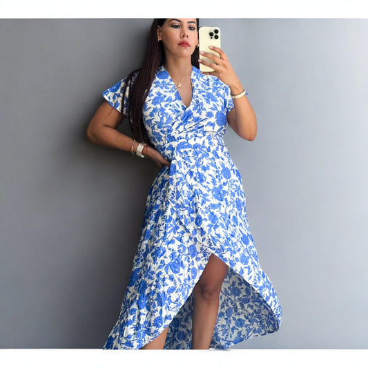 Vestido maxi azul floral